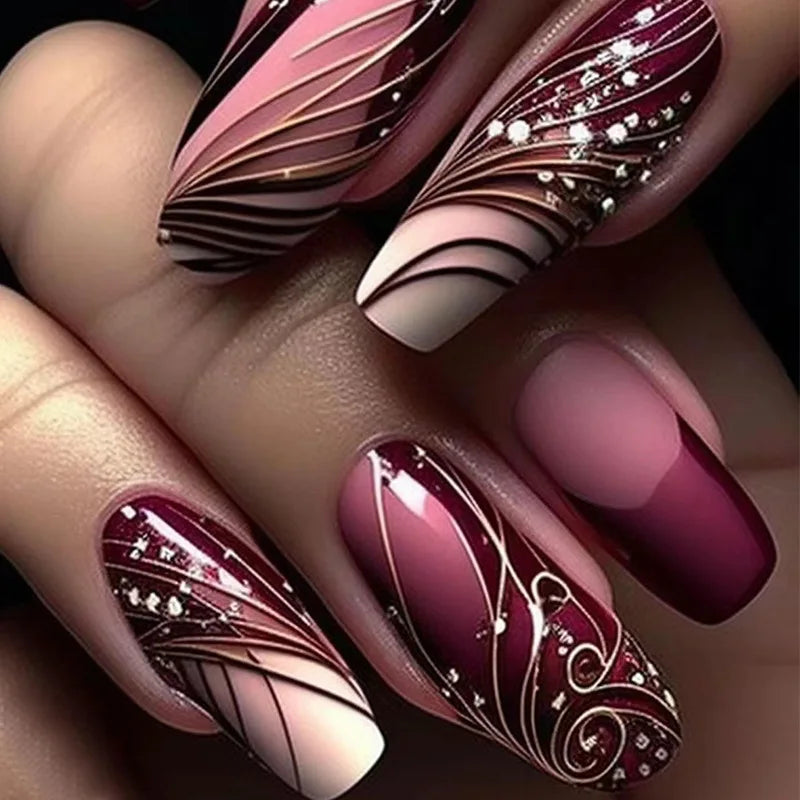 24Pcs Fashion Fake Nails Press on Long Ballet False Nails Art with Flower Design Brown Detachable Full Cover Nail Tips Manicure