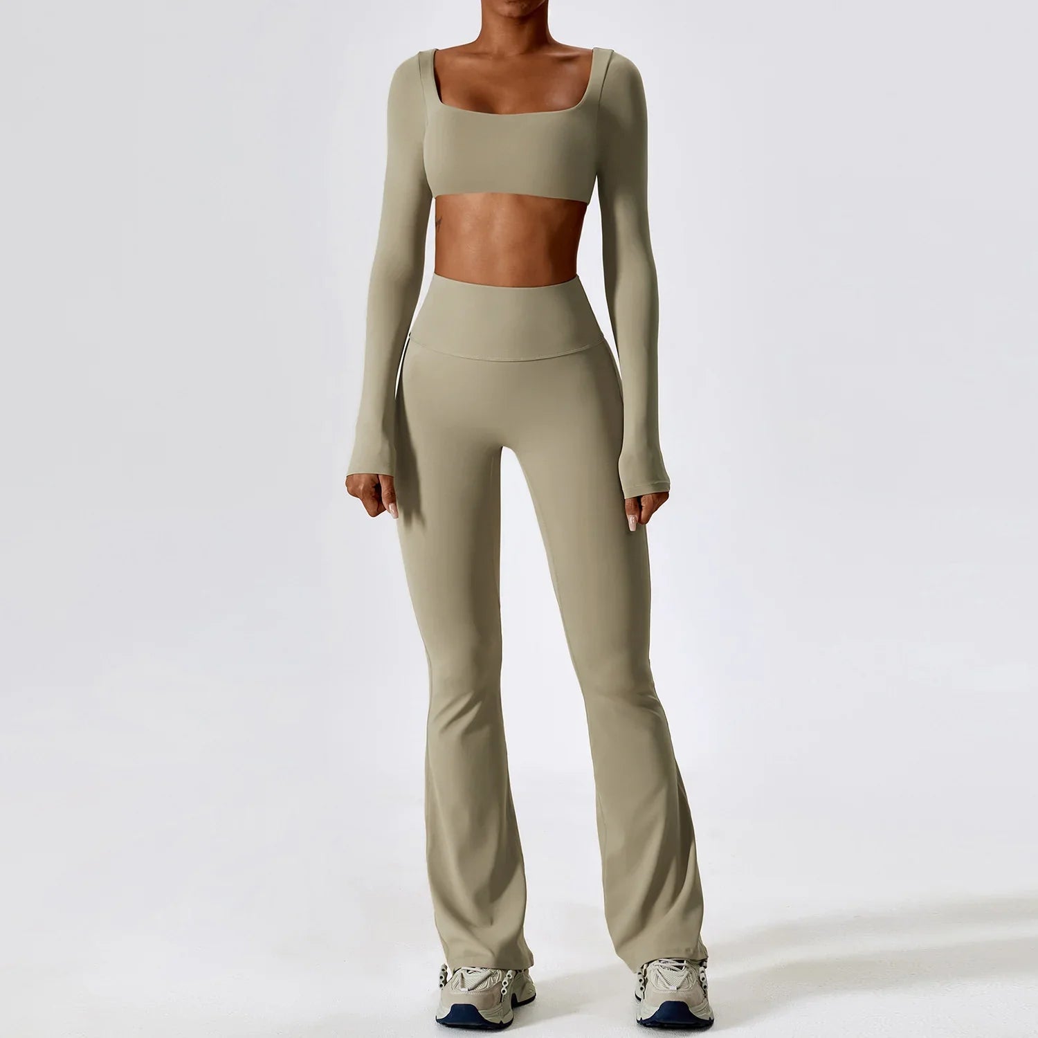 NCLAGEN Women's 2pcs Gym Yoga Suit Tight Fitting Sports Set Workout Breathable T Shirts Bra Tank Top Loose Bell-bottoms Leggings Shirts suit Camel