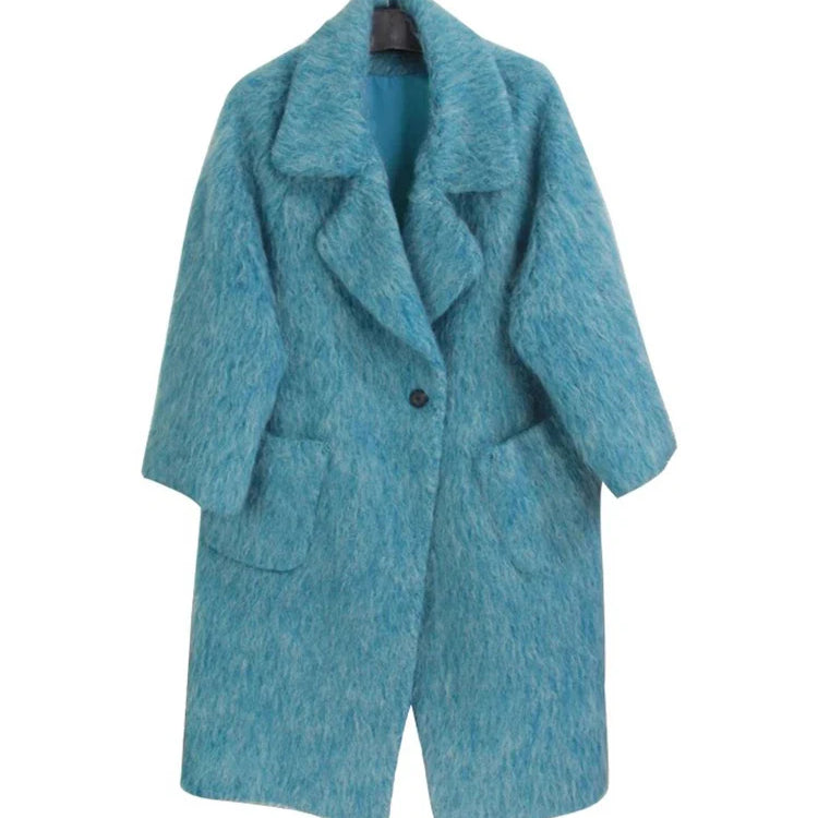 Winter Long Blue Fluffy Oversized Warm Wool & blends Coat for Women Single Button Pockets Luxury Clothes Woolen Overcoat