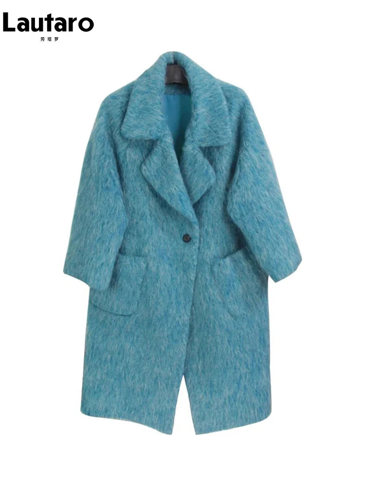 Winter Long Blue Fluffy Oversized Warm Wool & blends Coat for Women Single Button Pockets Luxury Clothes Woolen Overcoat