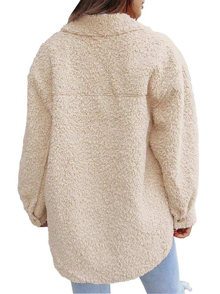 Women's Fuzzy Coat Turn Down Collar Pockets Casual Single Breasted Long Jacket Autumn Winter Loose Vintage Lambswool Outerweat