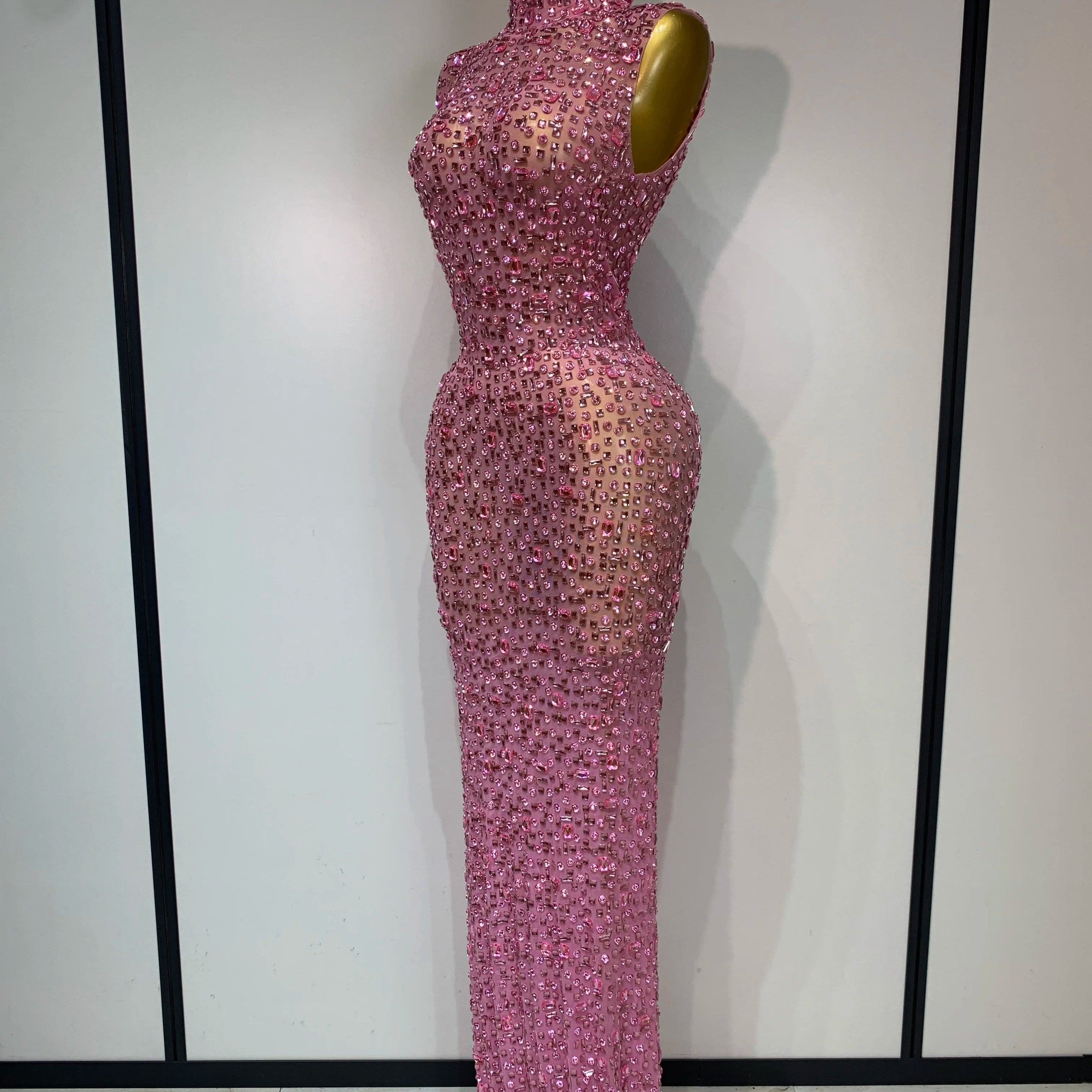Sparkly Rhinestone Sleeveless Maxi Long Dress Sexy Mesh See Through Luxury Birthday Dress Evening Party Singer Stage Outfit