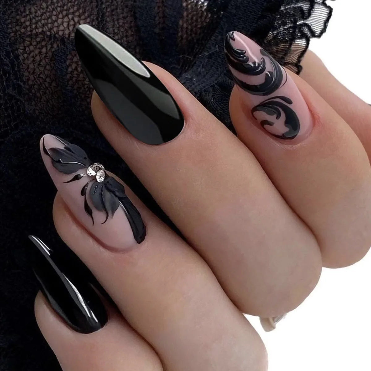 24 peças unhas postiças com cola amêndoa preto vermelho gradiente design destacável strass acrílico unha postiça longa stiletto unhas de pressão