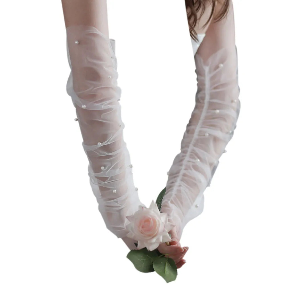 Wedding Fingerless White / Black Gloves Long Tulle Pearls Brides Bridesmaid Sleevelet Women Marriage Accessories White