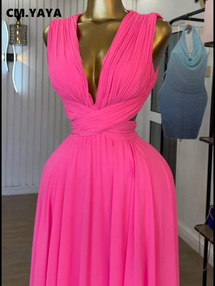 CM.YAYA Women Sleeveless Cutout Back Wrap V-neck Pleated A-line Chiffon Maxi Long Dress Birthday Vacation Sexy Party Dresses