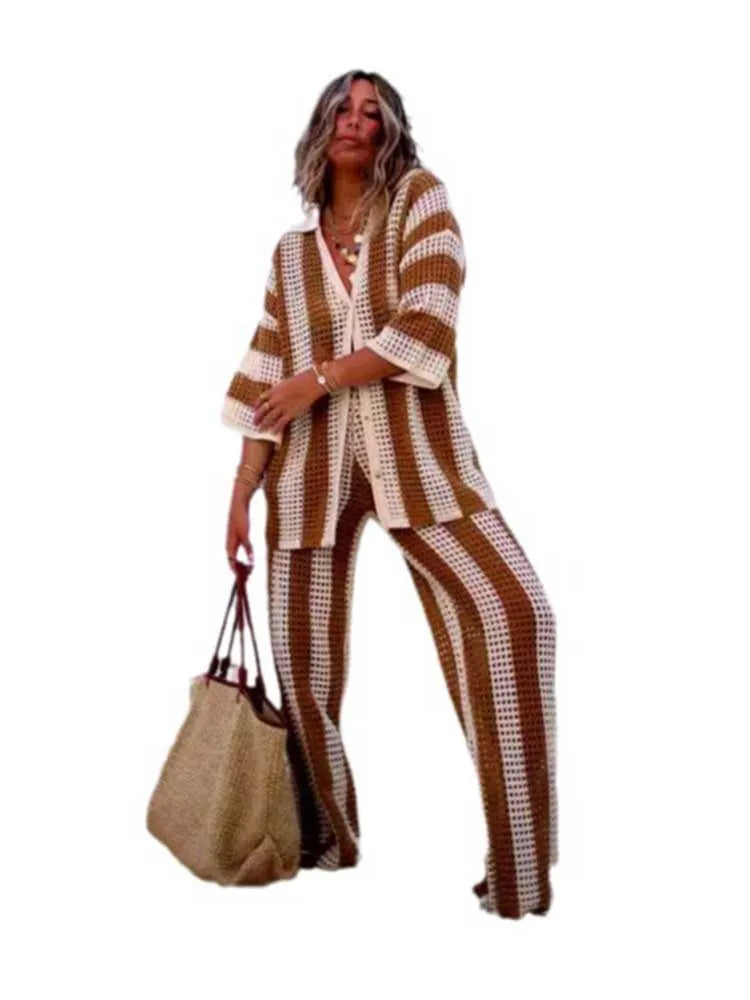 Summer Outfits for Women Vacation Hollow Out Sweater Shirt and Trouser Lady Casual Sexy Plus Size Sets 2 Piece Pants Sets Wide