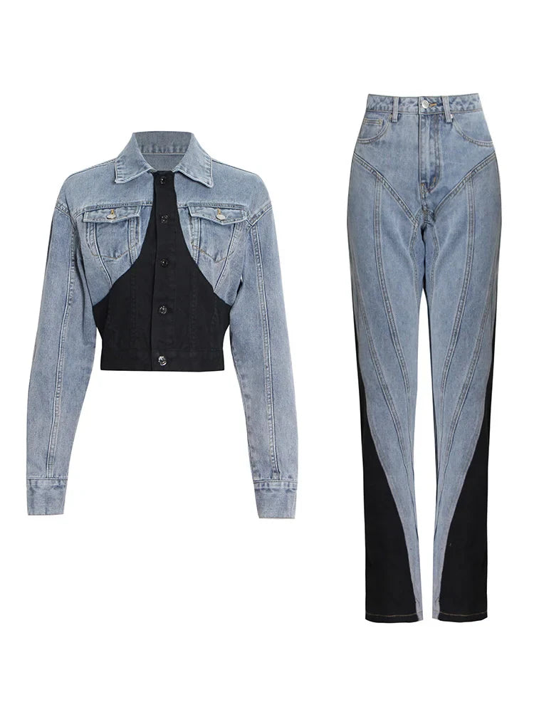 TWOTWINSTYLE Hit Color Patchwork Denim Two Piece Sets Women Long Sleeve Coat Jacket Female High Waist Pencil Pants Jeans 2022 Blue
