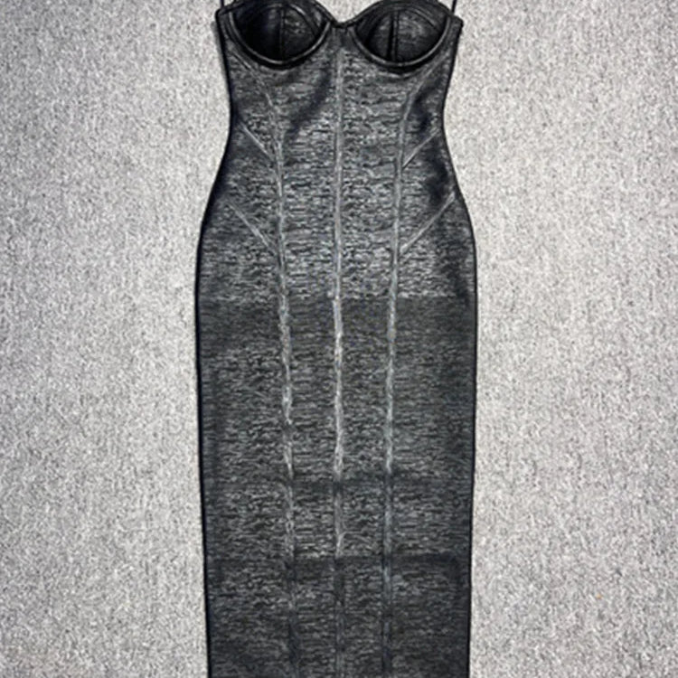 Vestido midi preto bronzeado sem alças, sexy, sem costas, estilo celebridade, verão 2025, elegante, para festa à noite