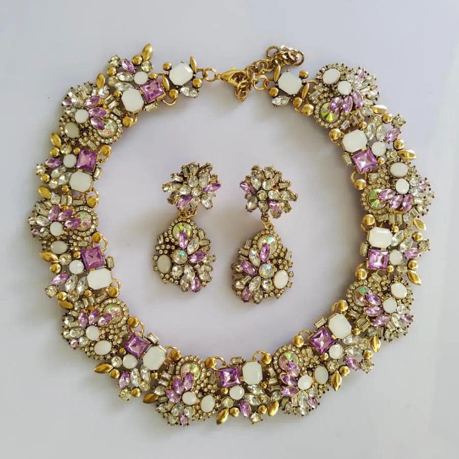 New Fashion Green Crystal Rhinestone Large Collar Big Big Choker Necklace Women Statement Indian Necklace Wedding Jewelry Purple