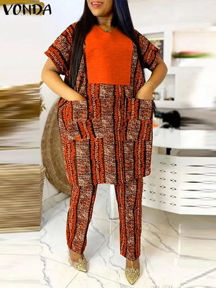 VONDA Plus Size 5XL Women Pant Sets 2024 Elegant Printed Patchwork Trousers Suits Vintage Tops and Wide Leg Pants Matching Sets