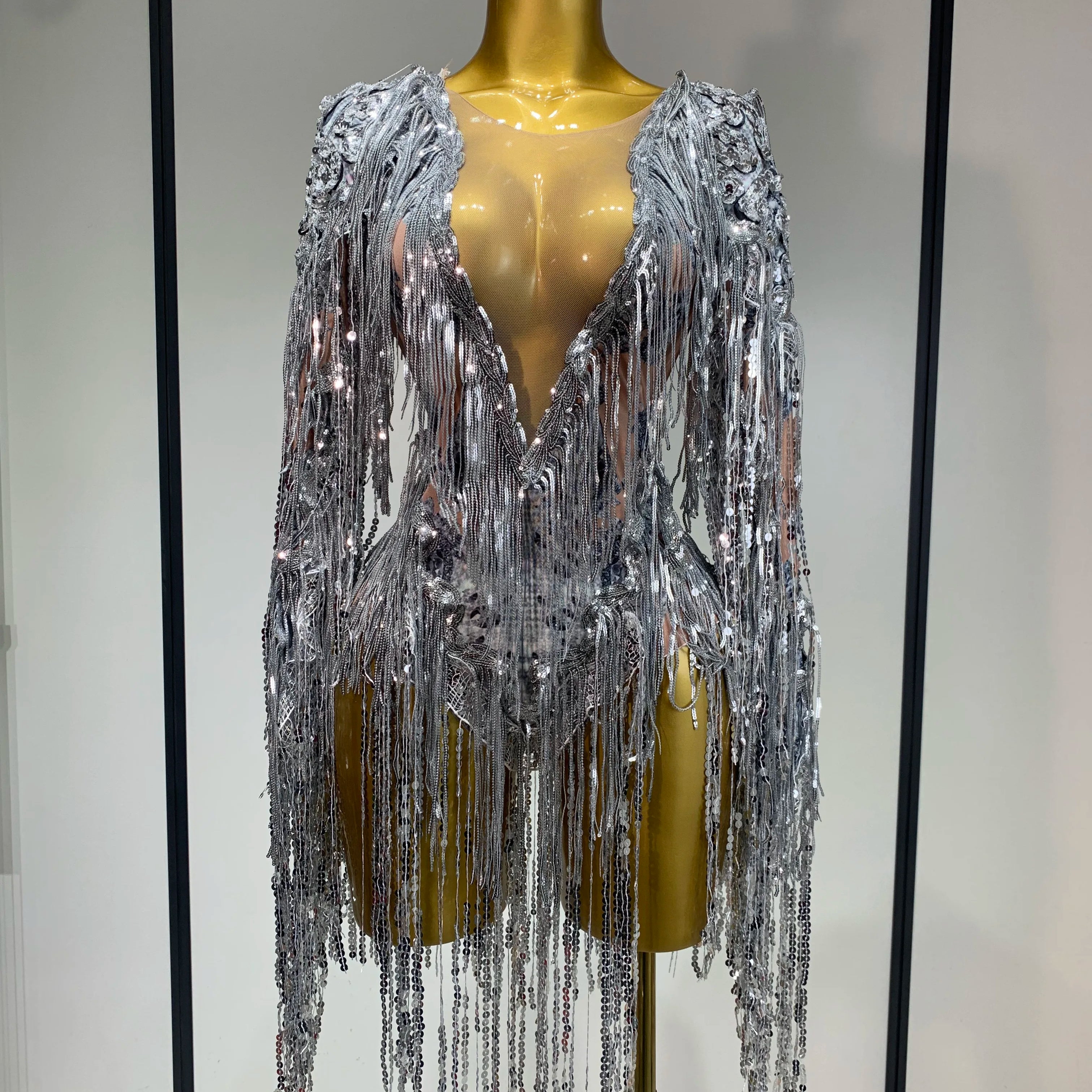 Sparkly Sequin Tassels Long Sleeve Silver Bodysuit Bar Women Singer Show Costume Celebrate Outfit Evening Dance Stage Outfit