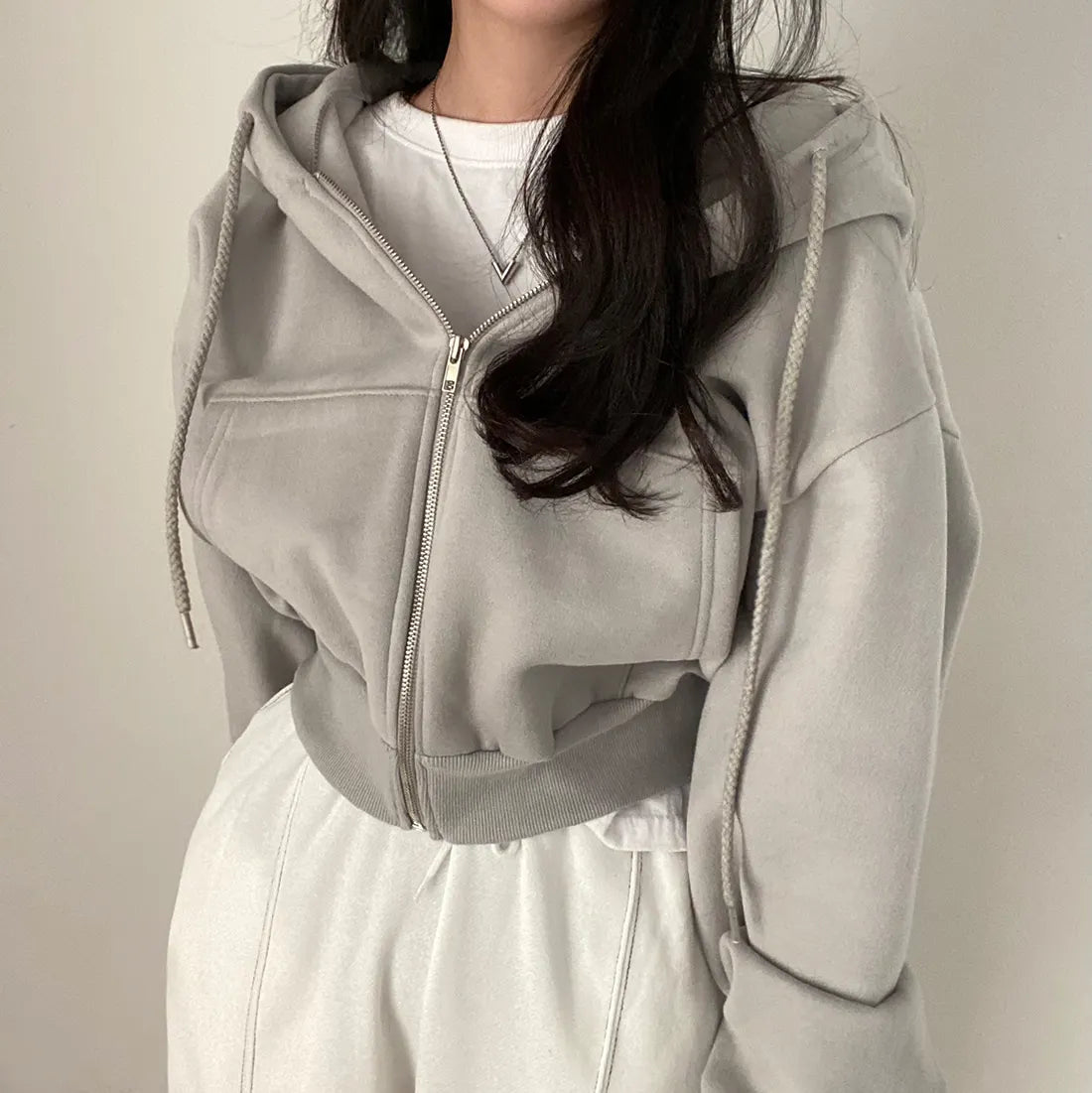 Casual Hood Sweatshirt Women Y2K Zip Up Hoodies Solid Harajuku Long Sleeve Shirt Oversized Crop Tops Female Loose Jackets Coat Light Grey