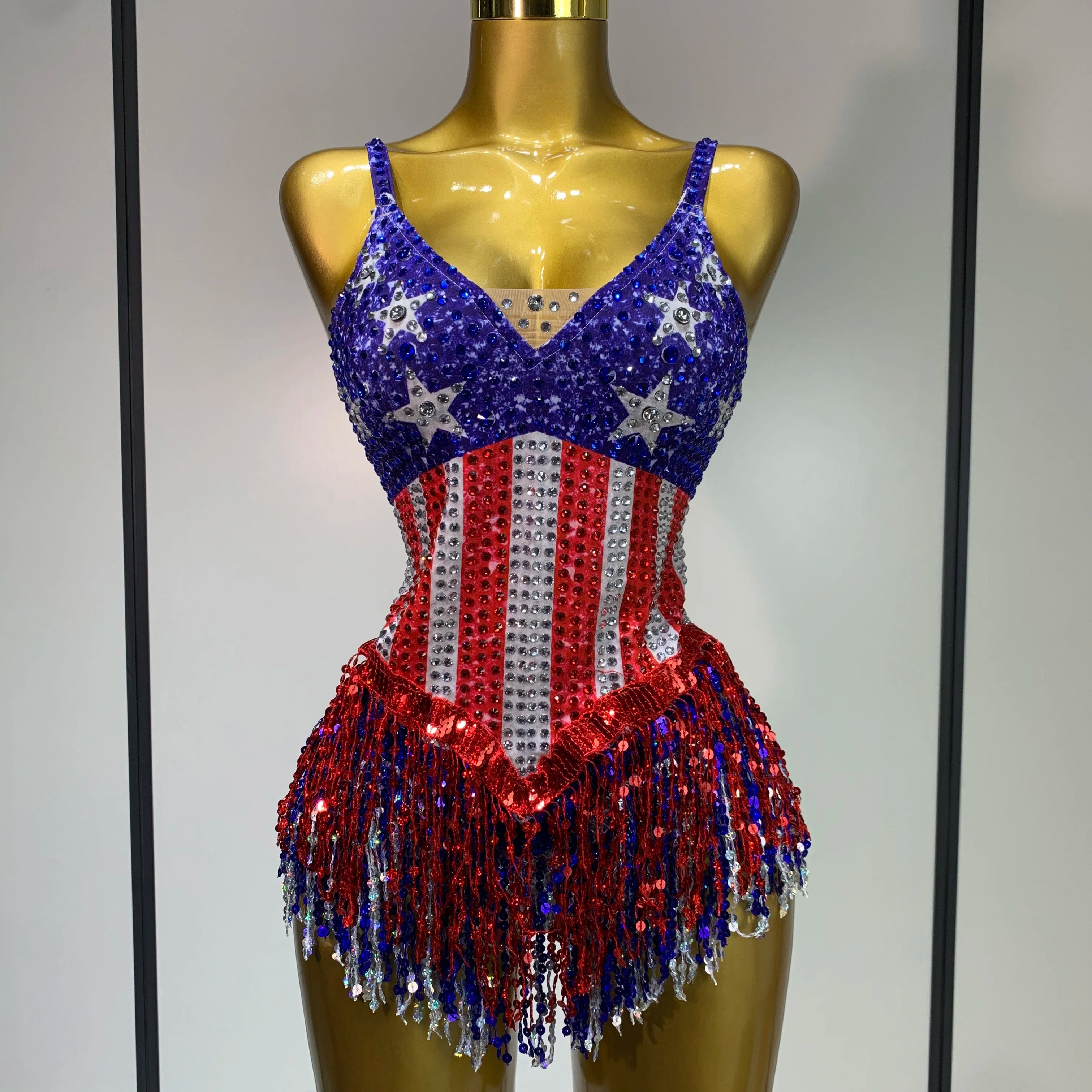 Shiny Rhinestones Tassel Bodysuit Performance Dance Singer Costume Evening Party Nightclub Stage Leotard Cheerleading Outfit