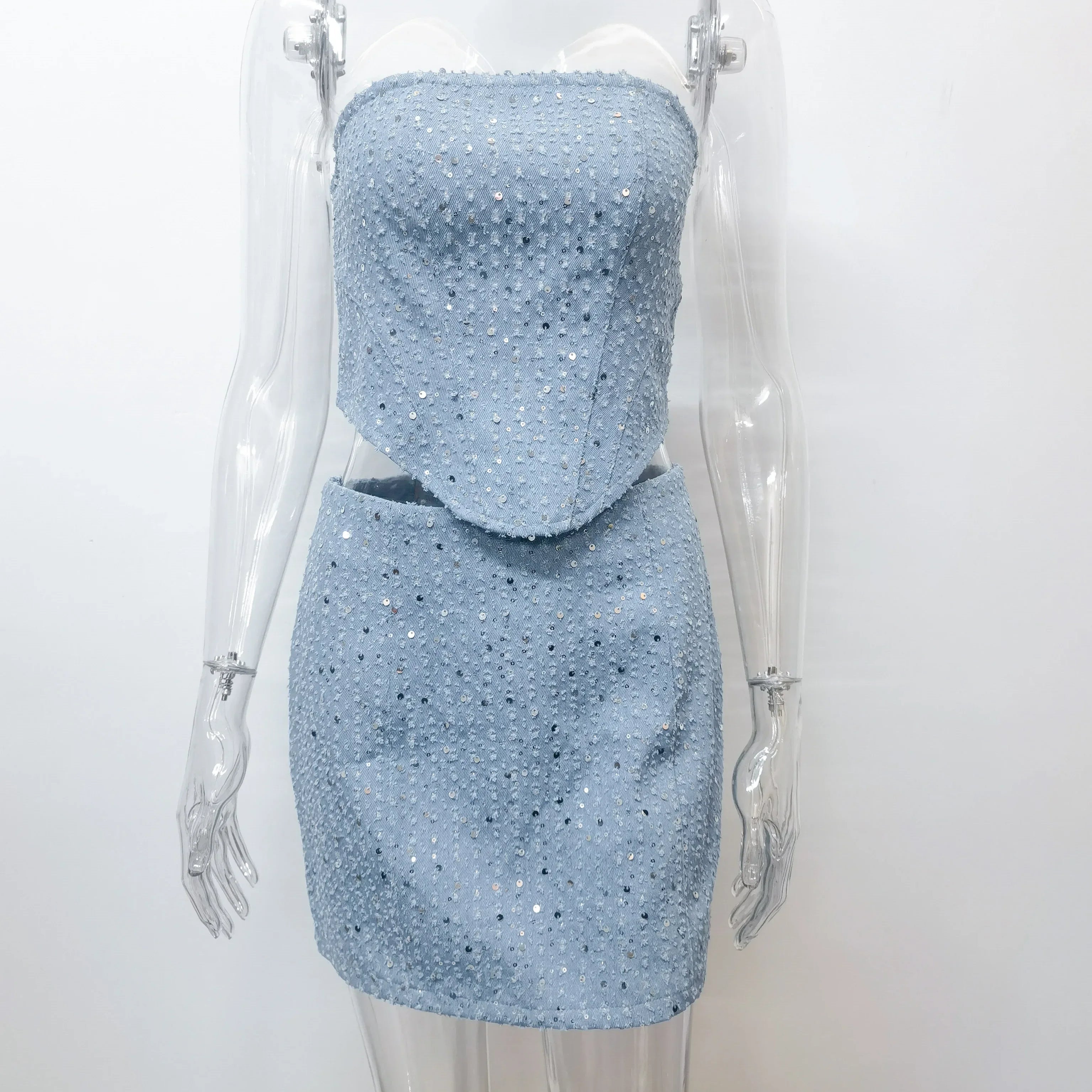 Feilandy Sexy Sequins Strapless Tanks Loose Pants Sets Women's Fashion 2 Piece Skirts Sets Female Luxury Party Club Chic Outfits blue skirts sets