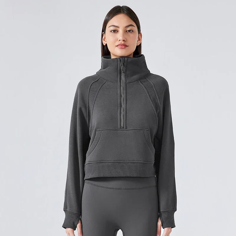 Autumn New Half Zipper High Stand Collar Pullover Top for Women's , Warm and Fleece Thick Sports Hoodie for External Wear DA W150C