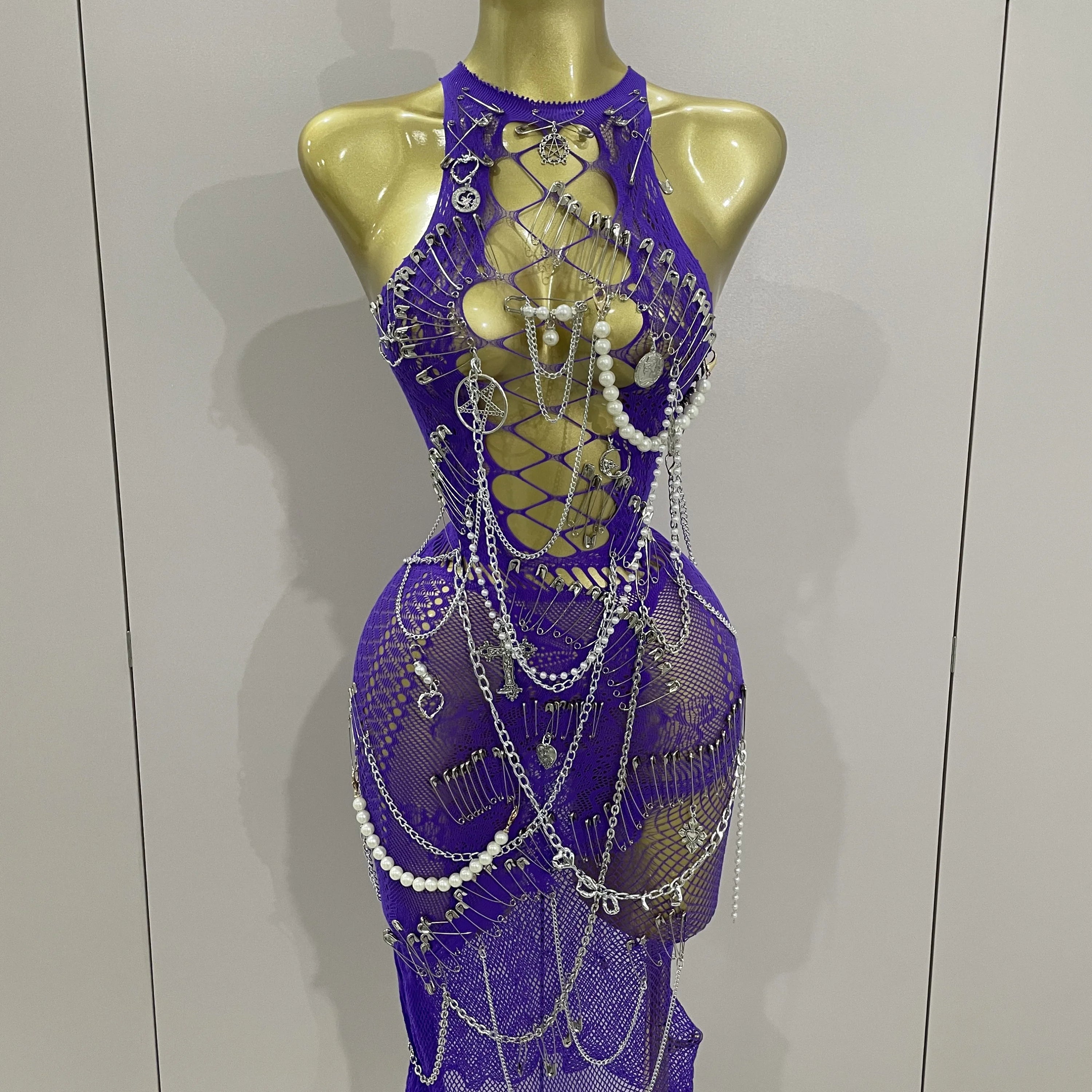 Sexy Black See-Through Pin Decoration Chain Beading Short Dress 2025 Women Birthday Evening Party Nightclub Performance Costume