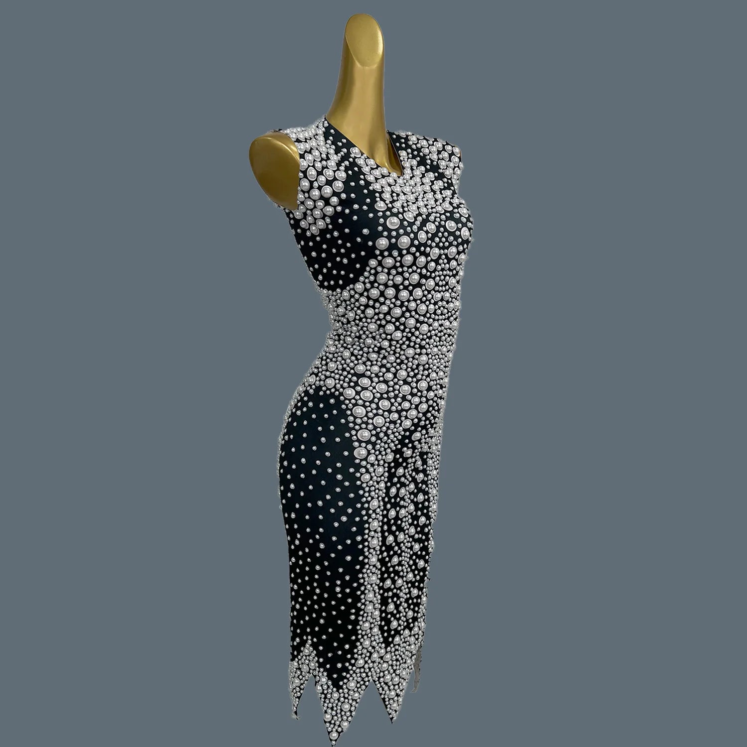 High-end White Pearls Black Mini Dress Sleeveless Bodycon Sexy Dress Party Nightclub Singer Stage Show Wrap Dress Heizhenzhu