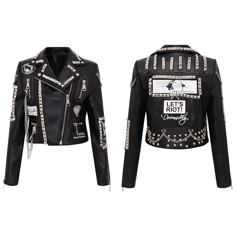 Spring Skull Pattern Graffiti Short Leather Jackets For Punk Women Rivet Slim Streetwear Motorcycle Jackets Coat 2