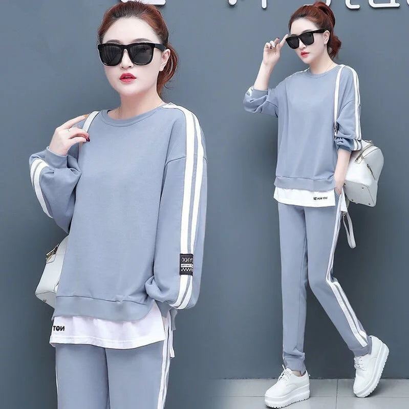 Women's Large Sweat Suit 2025 Spring Autumn New Plus Size Clothing Elegant Fashion Tops T-shirt Pants 2 Two Piece Sets For Women