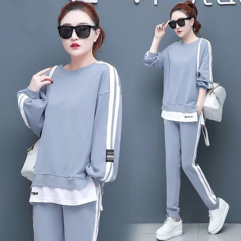 Women's Large Sweat Suit 2025 Spring Autumn New Plus Size Clothing Elegant Fashion Tops T-shirt Pants 2 Two Piece Sets For Women