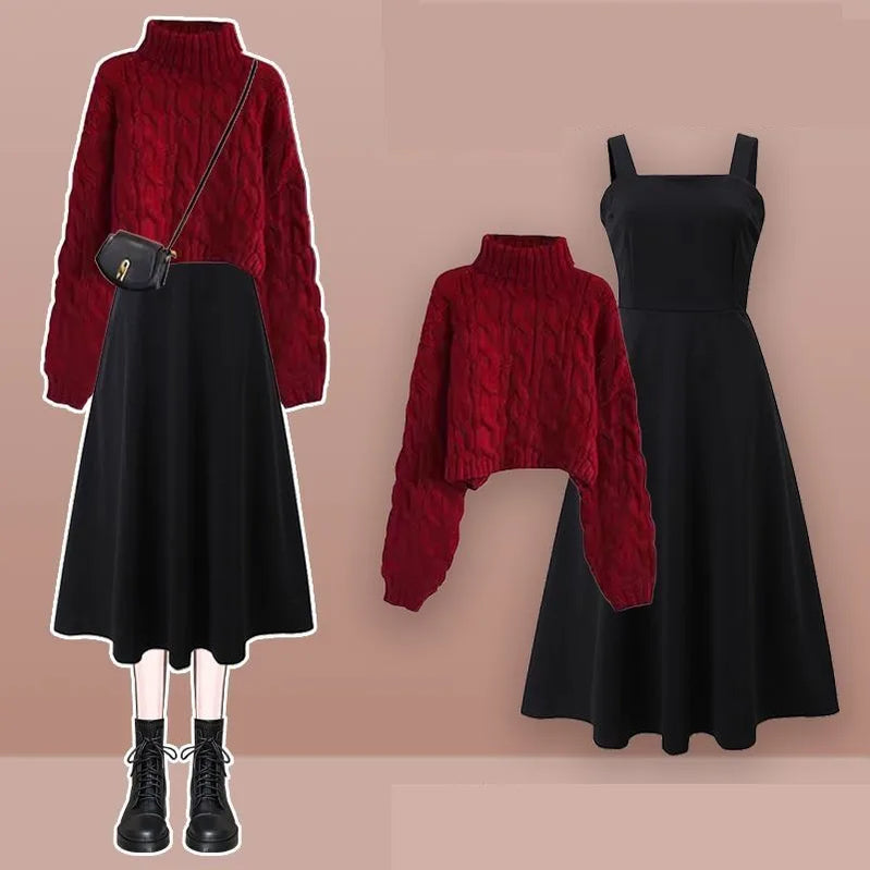 Women's Autumn Winter Loose High Neck Knitted Sweater Suspender Dress Two-piece Korean Elegant Pullover Strap Skirt Matching Set Set 05