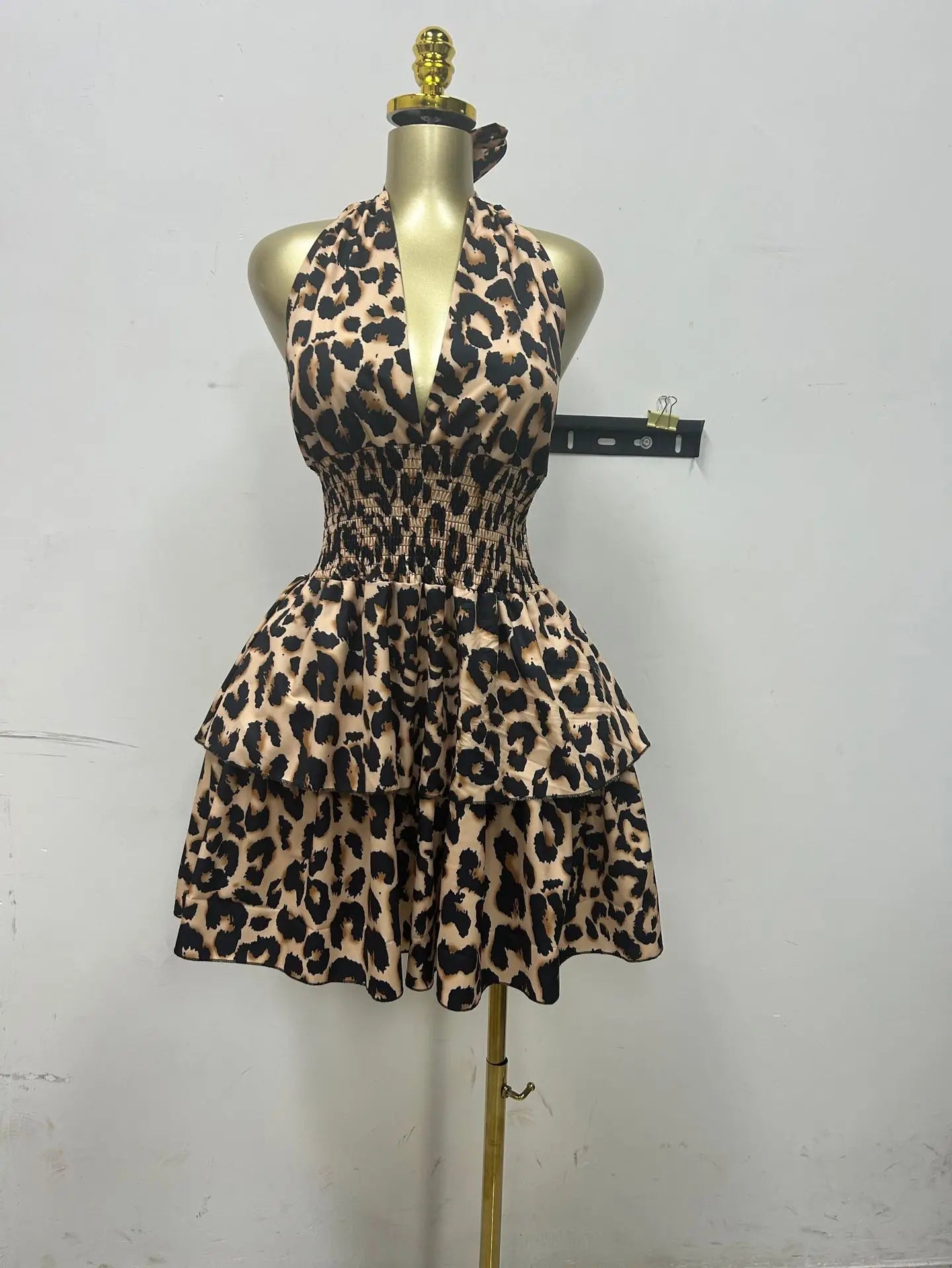 CM.YAYA Women Leopard Print Halter Neck Backless Cascading Ruffles Big Swing Ball Gown Mini Dress 2025 Sexy Club Party Dresses