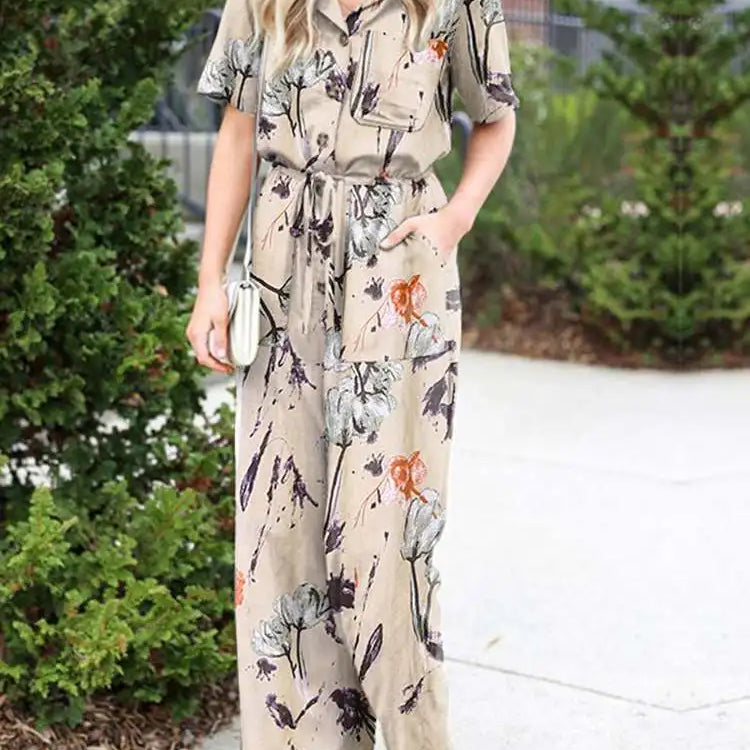 Summer Women Jumpsuits Casual Lapel Neck Short Sleeve Long RompersVintage Floral Print Wide Leg Overalls Loose Playsuits Beige