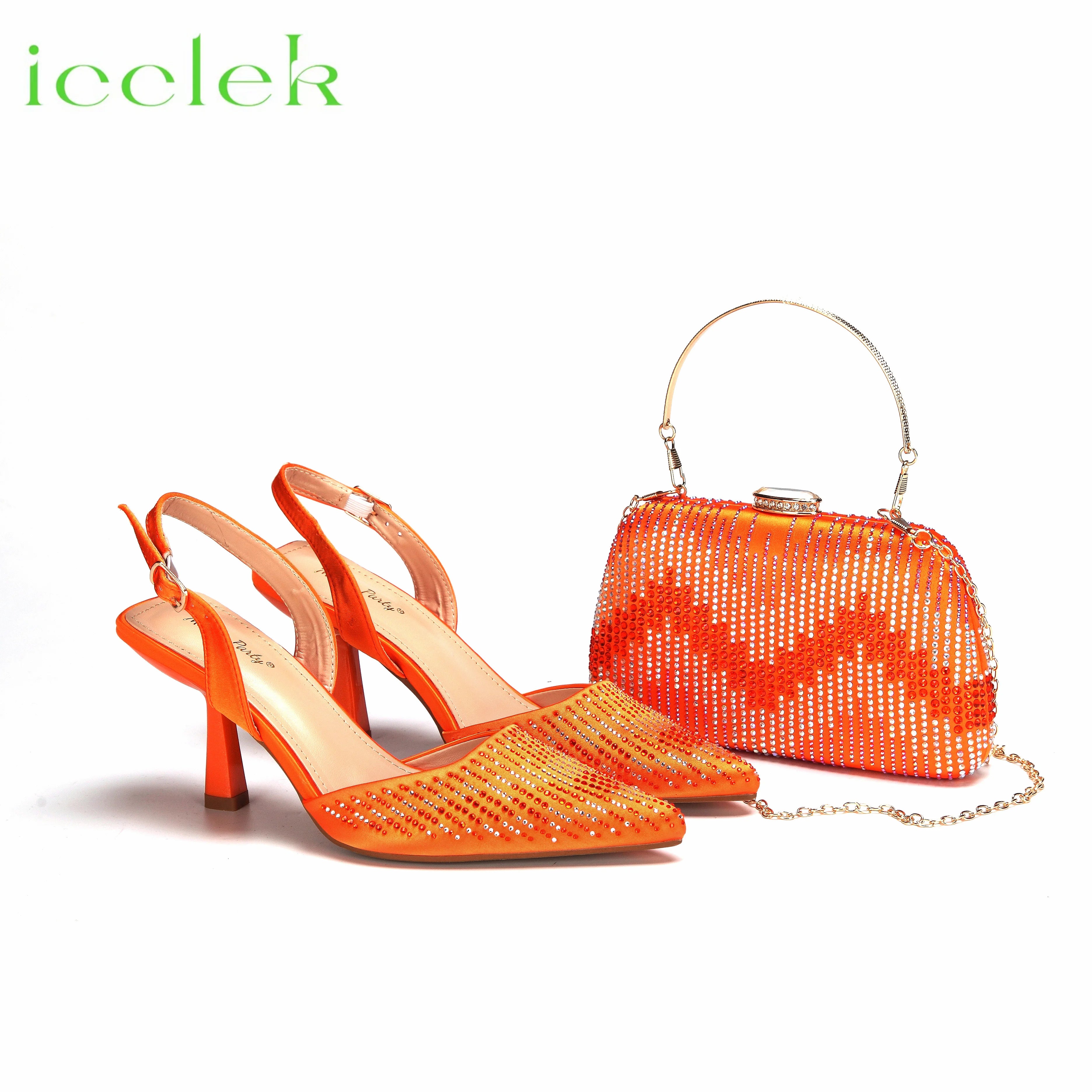 Orange Color Pointed Toe Decorated with Bling Bling Rhinestones Design Ladies Shoes Matching Bag Set For Party Orange