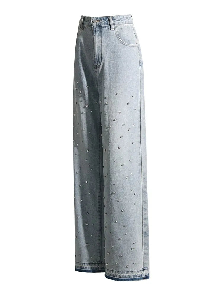 TWOTWINSTYLE Spliced Diamonds Jeans For Women High Waist Casual Loose Temperament Autumn Jean Female Fashion Style Clothing New