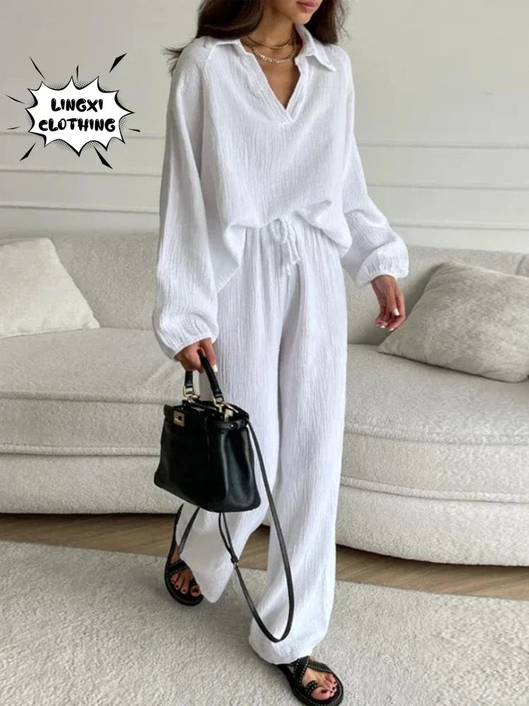 2024 Summer Fashion New Plus Size Women's Wear Set with Polo Collar Cotton Hemp Pants Elegant Solid Color Two Piece Set