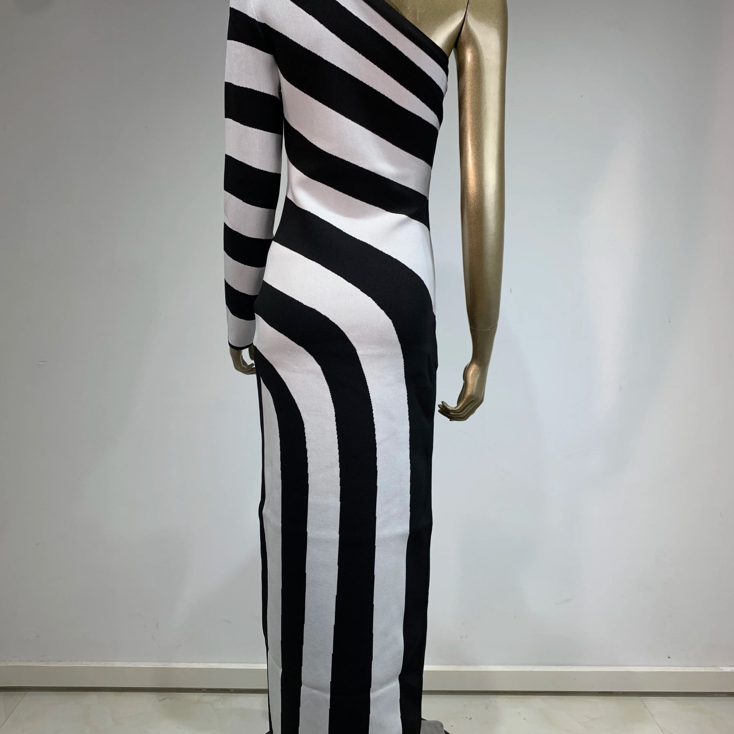 Women Celebrity Sexy One Shoulder Striped Jacquard Maxi Long Split Bodycon Bandage Dress 2024 Elegant Evening Club Party Dress