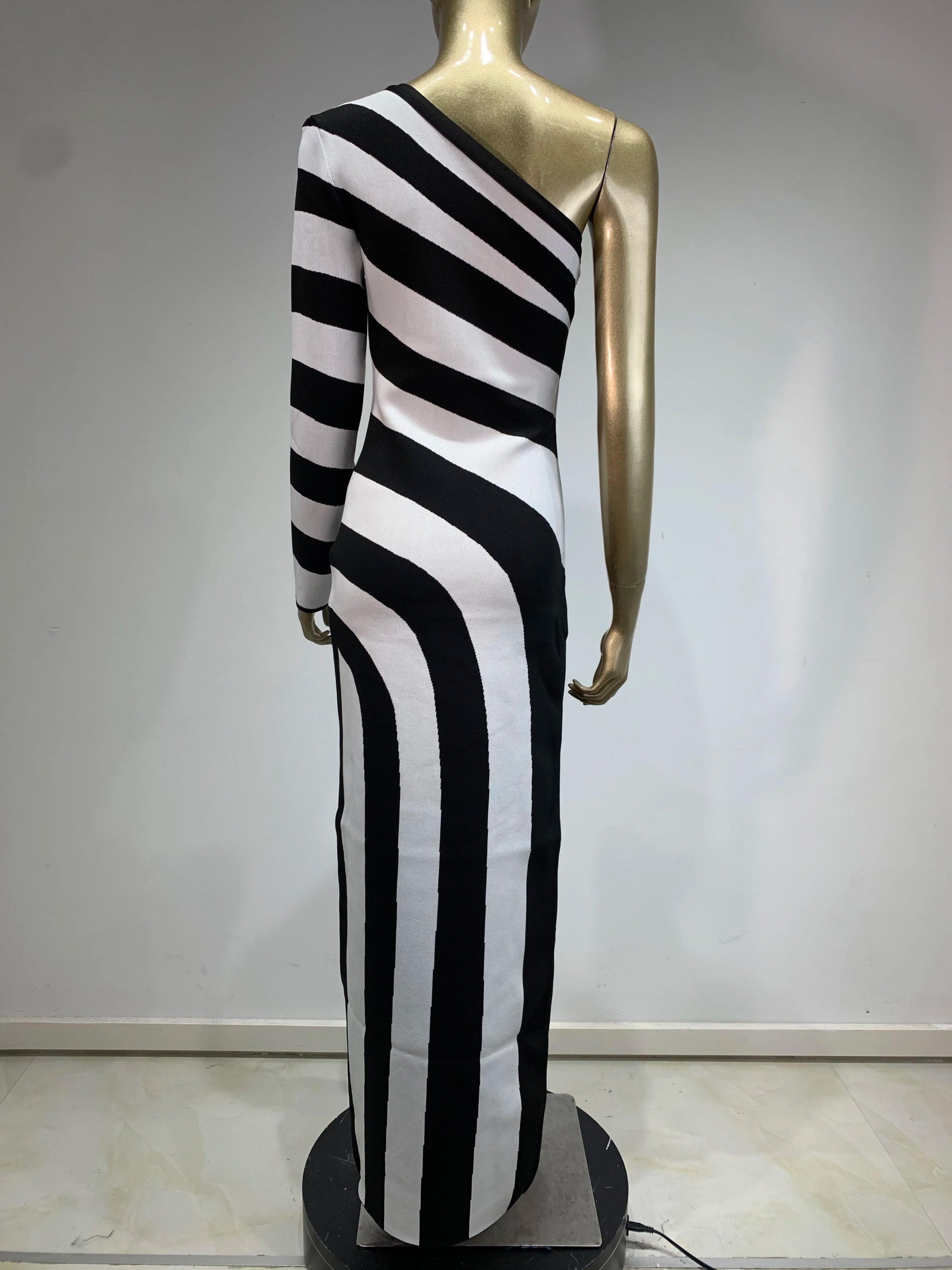 Women Celebrity Sexy One Shoulder Striped Jacquard Maxi Long Split Bodycon Bandage Dress 2024 Elegant Evening Club Party Dress