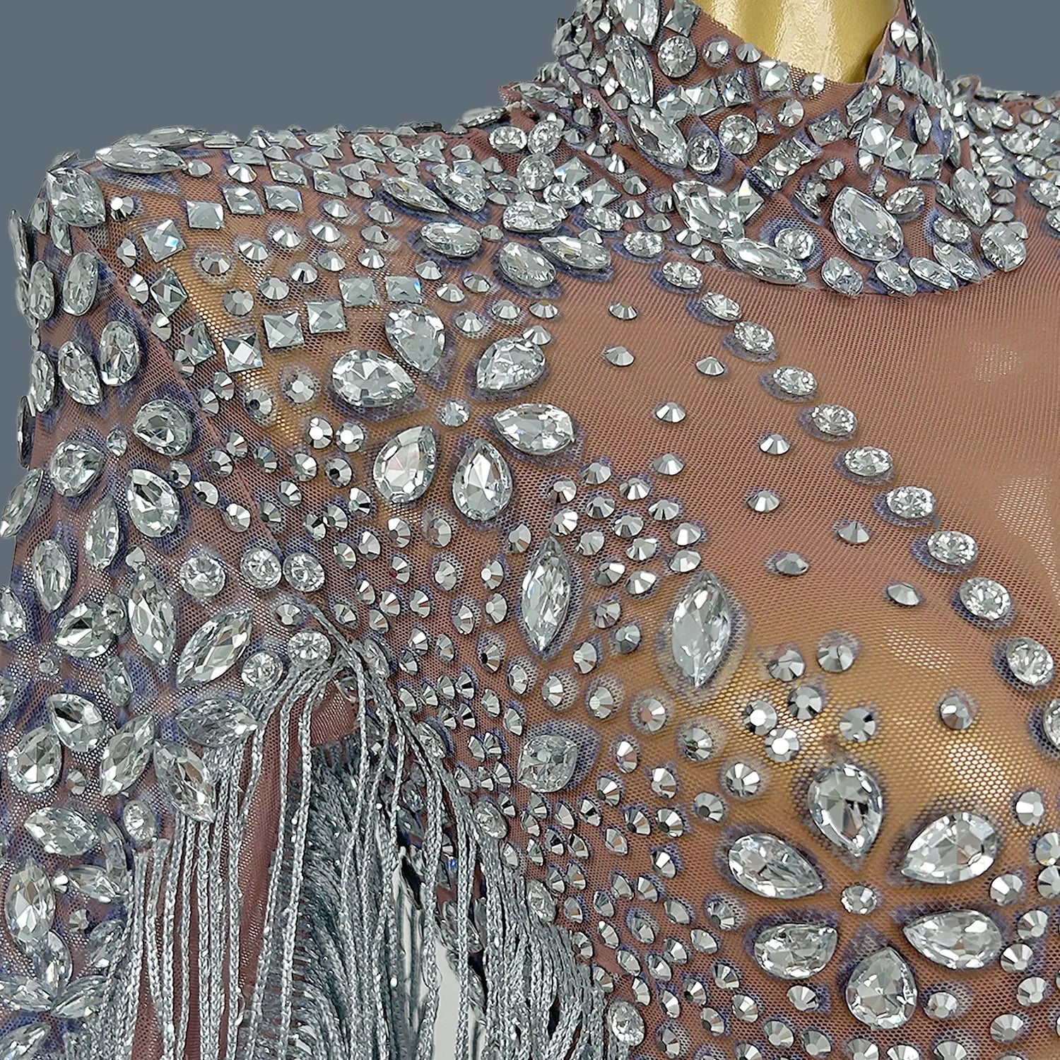 Shining Silver Tight Bodysuit Performance Dancer Costume Women Sexy Mesh Stretch Sequins Fringes Nightclub Stage Outfit Shenhui