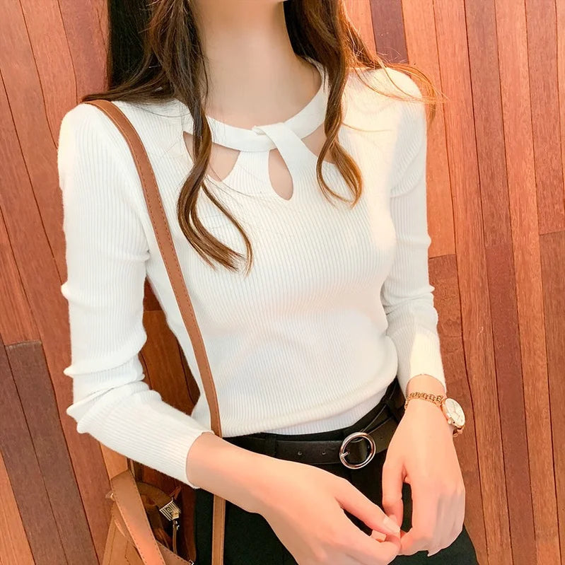 Autumn and Winter Women's Slim Stretch Sexy Pullover Hollow Solid Color Sweater Slim Bottoming Shirt Sweater Ladies