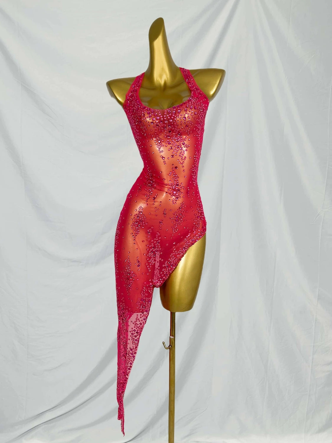 Nightclub Mini Dress Singer Stage Performance Wear Bar Party Asymmetrical Dress Sparkly Rhinestones Sleeveless Mesh Dress Xinghe