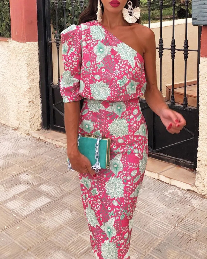 Summer Dress Women Elegant Flower Print Dress Sexy Ladies Fashion Backless Skew Neck One Shoulder Short Sleeve Dresses Rose Red