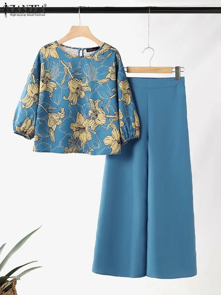 Fashion Trousers Suit Women 3/4 Sleeve Blouse Wide Leg Pant Sets Summer Matching Sets ZANZEA 2PCS Casual Printed Tracksuits
