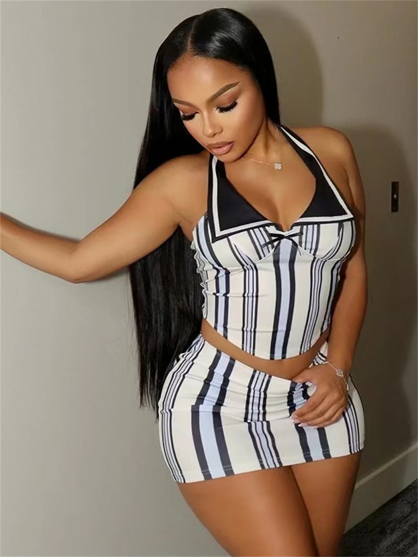 CM.YAYA Fashion Sporty Women's Set Mini Skirt and Sleeveless Striped Top Autumn Street Sext Girl Two 2 Piece Dress Sets Outfits White