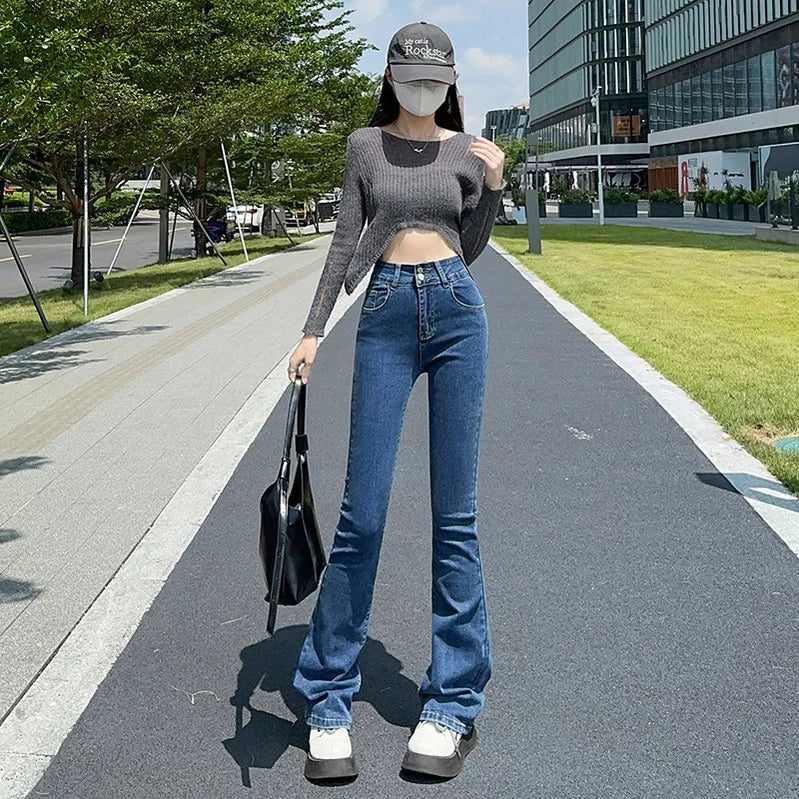 High Stretch Denim Jeans For Women's Slim Fit Wide Leg Design Sexy Long Female Boot Cut Pants