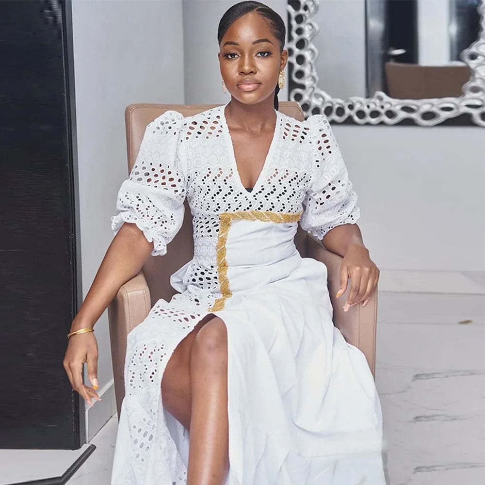 White Sexy V-neck Hollow Dresses Summer Fashion Women Puff Sleeve Slim High Split Long Dress Casual High Street Dress