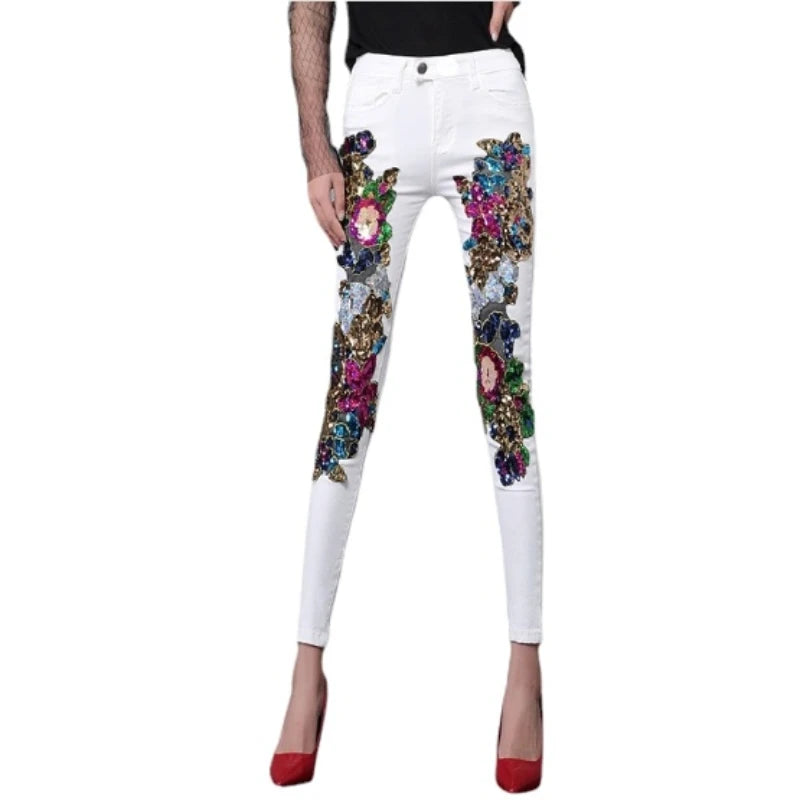 Spring and Summer Women's Sequins White Denim Pants Slim All-match Basic Pencil Student Stretch Jeans Daily Street Trousers