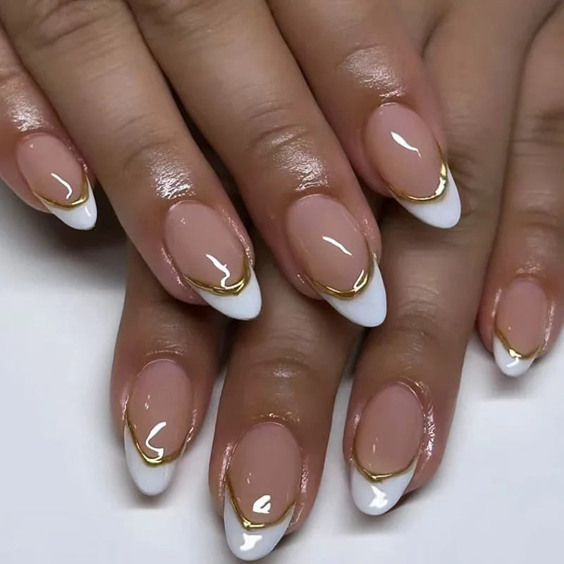 24Pcs Short Round Head Nails Set Press on Golden Edge French Design Fake Nails Tips Wearable Almond Full Cover False Nail Patch