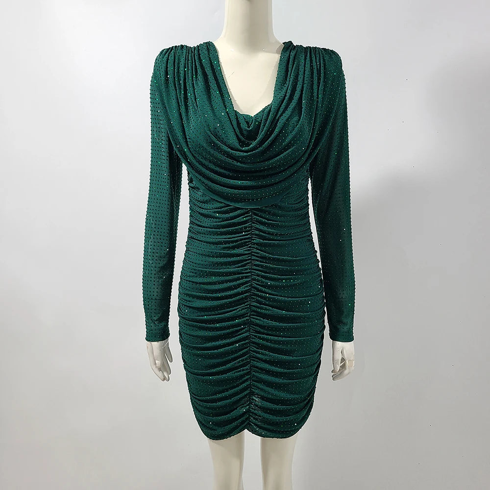 2025 New Rhinestone Long Sleeve Sexy Mini Dress For Women Fashion Shawl Collar Bodycon Club Dress Elegant Female Party Clothes