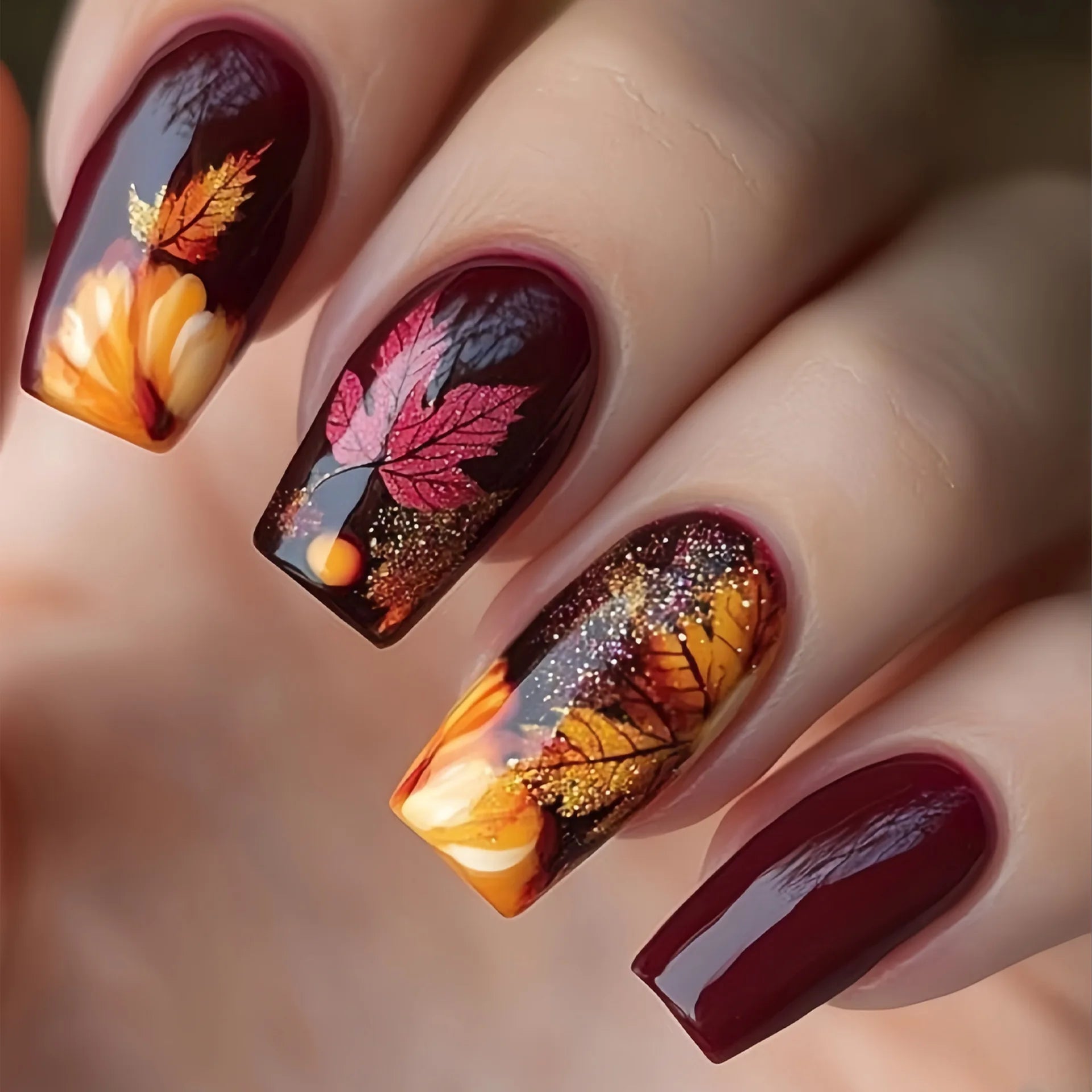 24Pcs Mid-length Square Head Press on False Nails with Golden Butterfly Full Cover Nails Tips with Jelly Glue Wearable Fake Nail