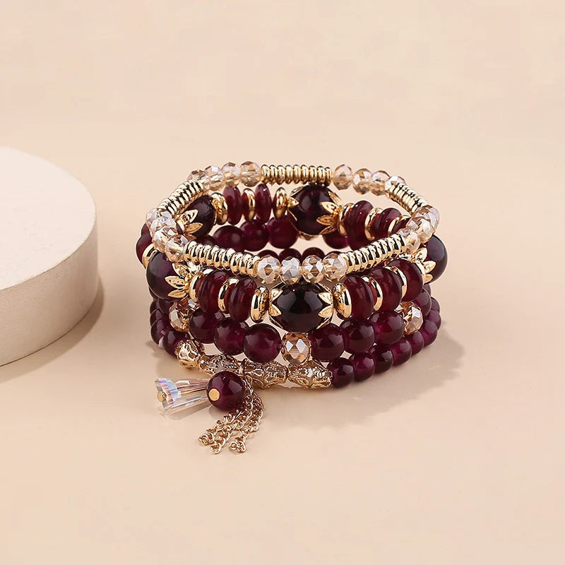 4Pcs Bohemian Women Pink Tassel Bracelet Set For Female I Love You Feather Round Charm Beads Chain Bangle Fashion Party Jewelry BR133-8