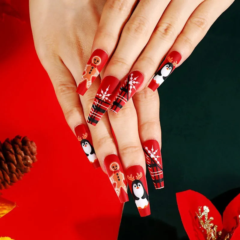 3D fake nails for Christmas party long french coffin tips snowflake christmas tree faux ongles press on acrylic false nail set 823 no box