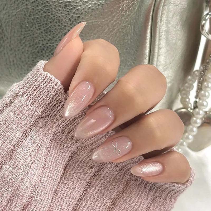 24Pcs Fashion Almond Head Full Cover Nail Tips Nude Pink Oval Press on Fake Nails Short False Nails with Red Love Pattern Design