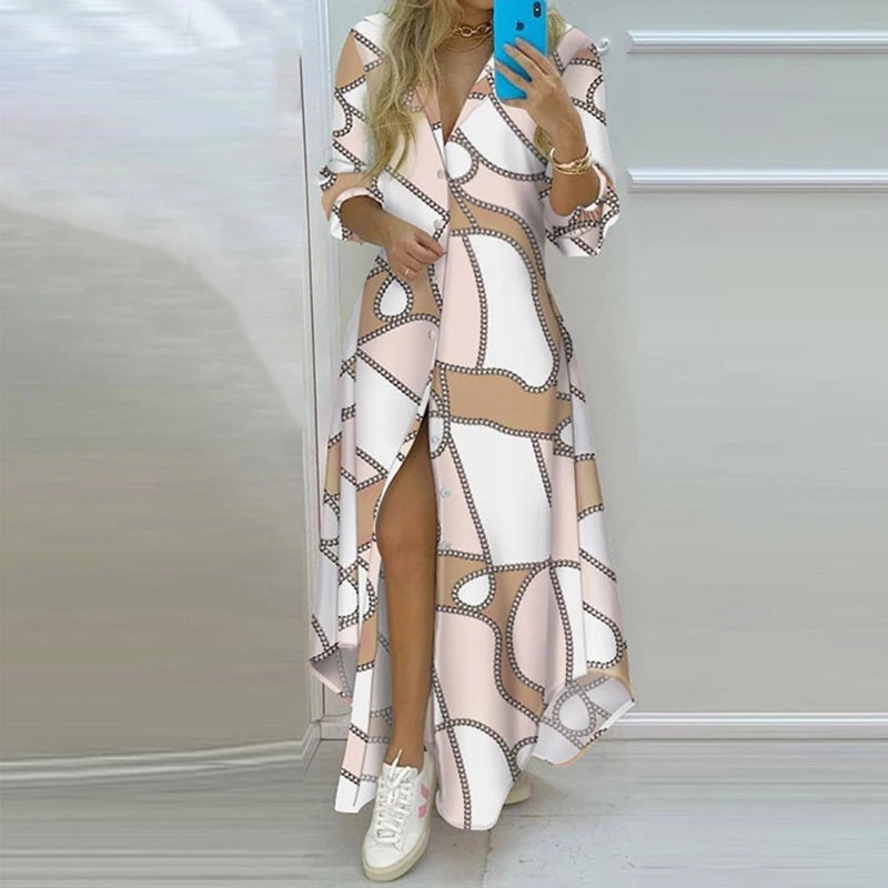 Plus Size Spring Women Dress White Print Long Sleeve Elegant Long Shirts Dress Party Dress Casual Long Dresses Vestidos BaiFenLian