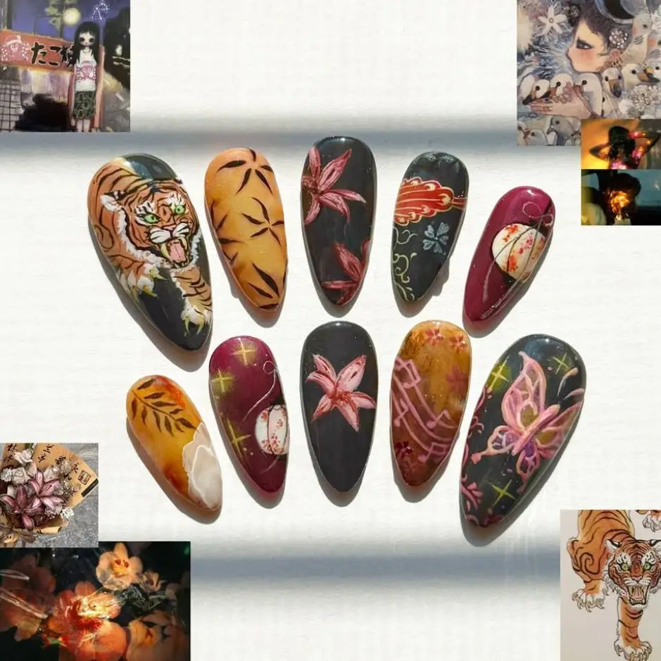 24pcs Finished Press on Nails Tips Idyllic Flower Pattern Design Long Almond False Nail Art Colorful Fake Nail Reusable Manicure