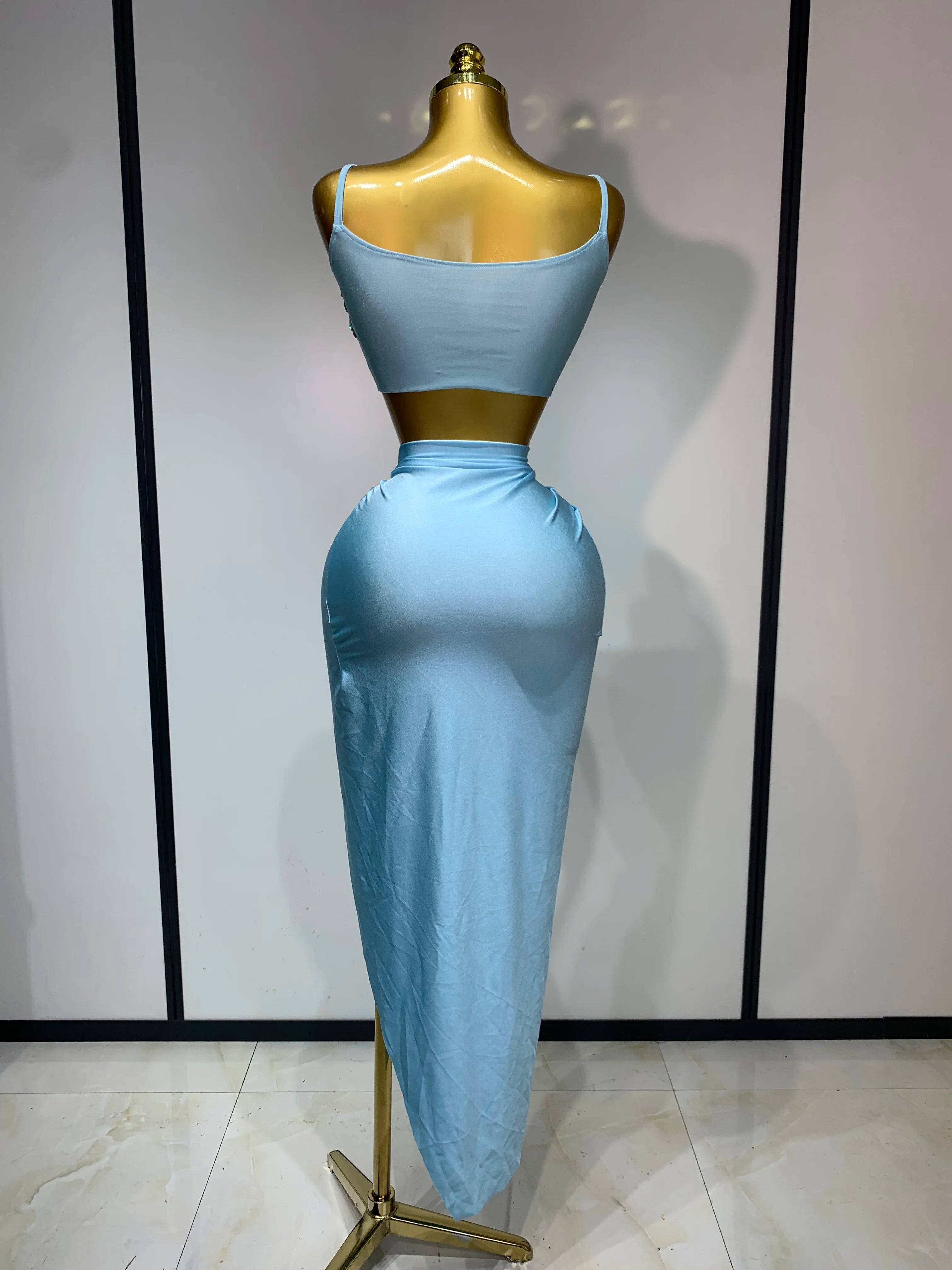 Women Sexy Stretched Crystal Diamonds Two Pieces Set Nightclub Singer Dancer Sparkly Stage Costume Evening Party Birthday Gowns